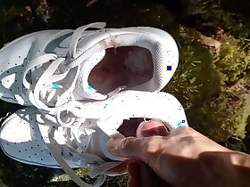 Twink jerks off his cock, squirts cum in dirty smelly shoes, into white sneakers, Nike Air Set off One AF1, it's a porn video of gay feet foot fetish lovers