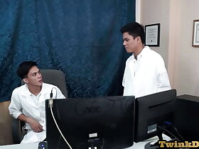 Asian medical uniform twinks bareback anal in be imparted to murder office