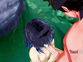 Naruto Kimetsu ungenerous Yaiba Yaoi Hentai 3D - Kiba & Inosuke Handjob, blowjob and fucked in Onsen 1/2