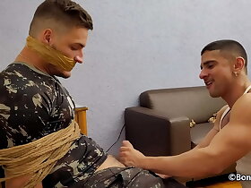 Samuel Hodecker and Lucas Mancinni are soldiers having fun bound and gagged blowjob cum over face