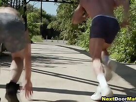 Elated friends workout before bareback anal