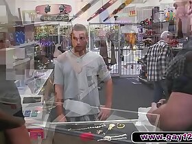 Hot guy strips in pawn shop and sucks horseshit