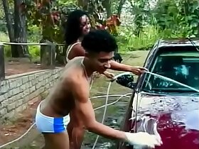 Car washing turned for juicy Brazilian floozie Sandra into nasty  double-barreled threesome outdoor action