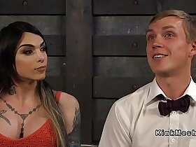 Heavy cock busty inked tranny anal fucks guy